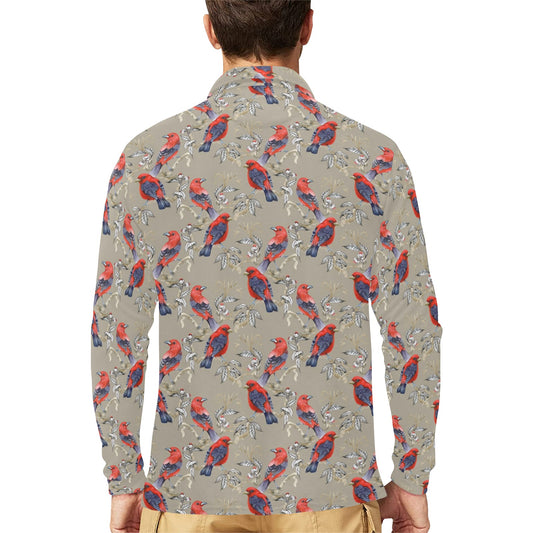 Birds Pattern Print Design 05 Long Sleeve Polo Shirt For Men's