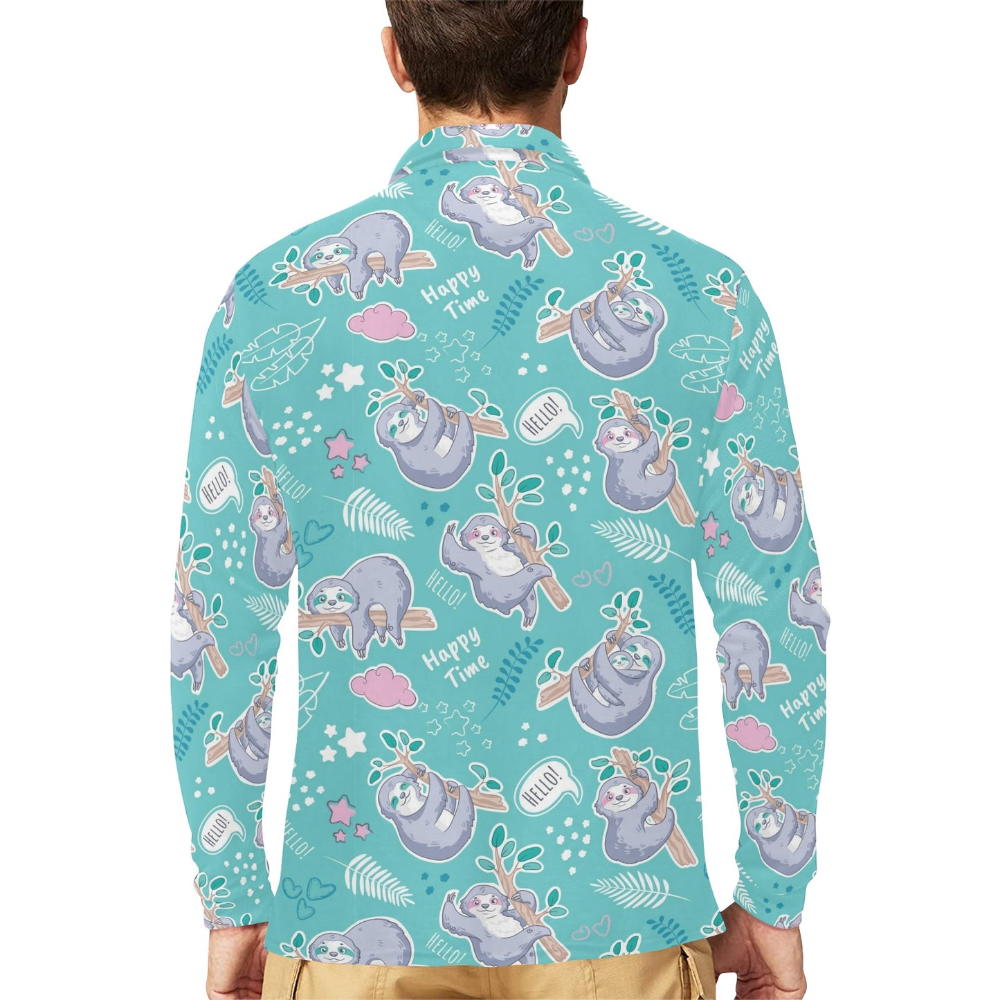 Sloth Print Design LKS309 Long Sleeve Polo Shirt For Men's