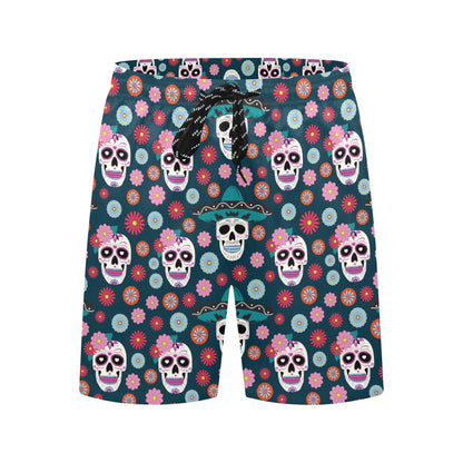 Sugar Skull Print Design LKS308 Men's Swim Trunks Beach Shorts