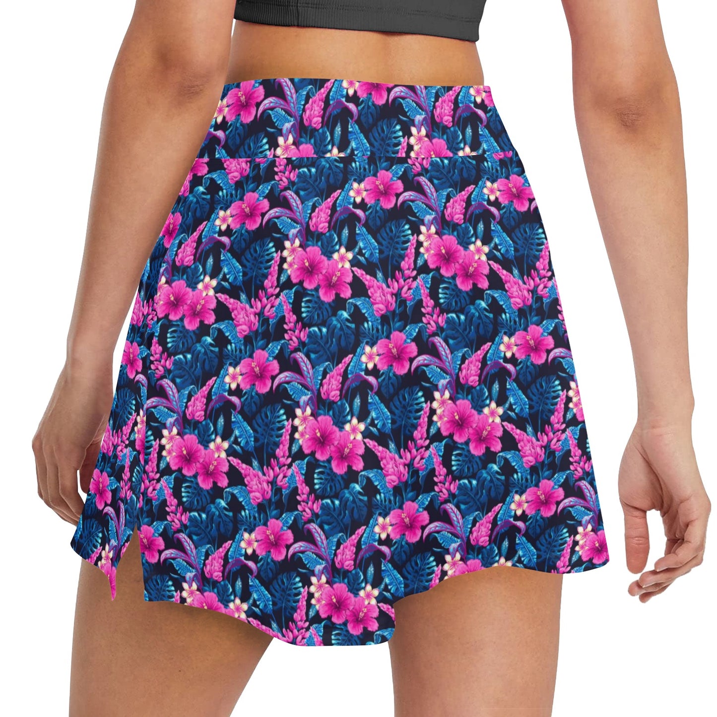 Tropical Folower Pink Themed Print 17" Golf & Pickleball Skort with Pockets