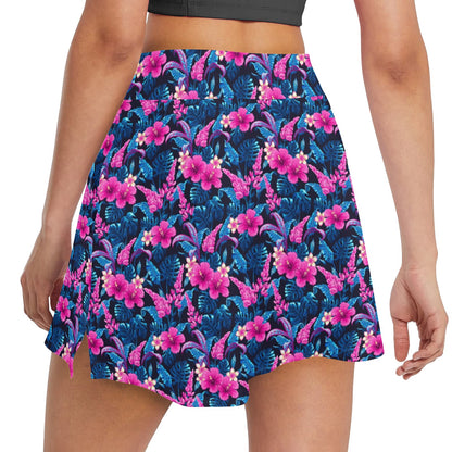 Tropical Folower Pink Themed Print 17" Golf & Pickleball Skort with Pockets