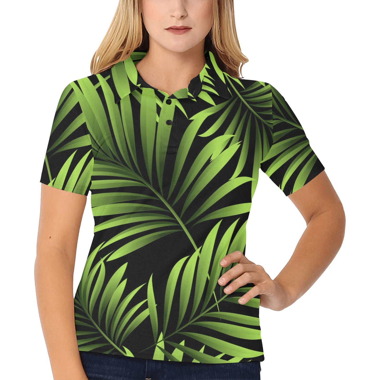 Green Neon Tropical Palm Leaves Women's Polo Shirt