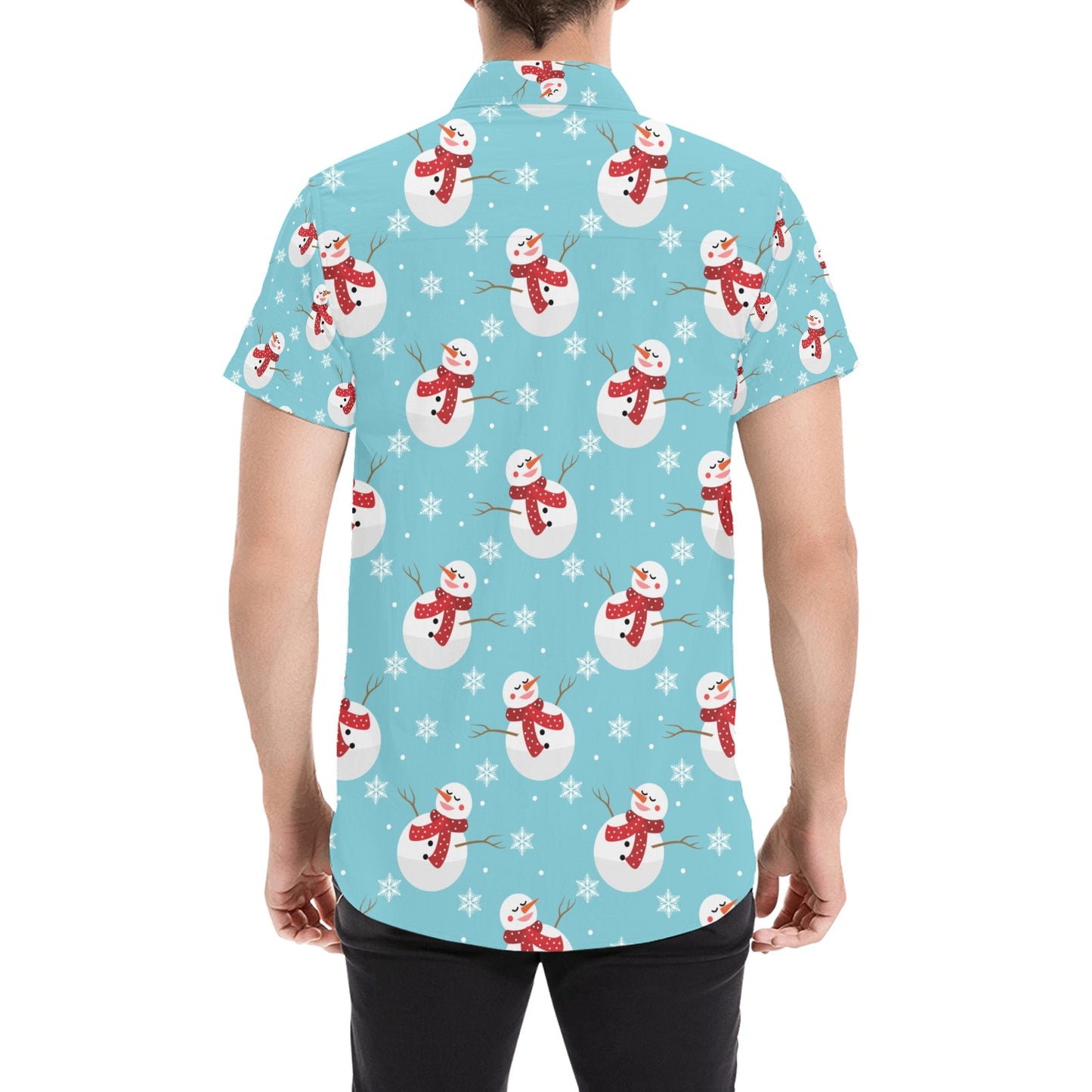Snowman Print Design LKS304 Men Short Sleeve Button Up Shirt