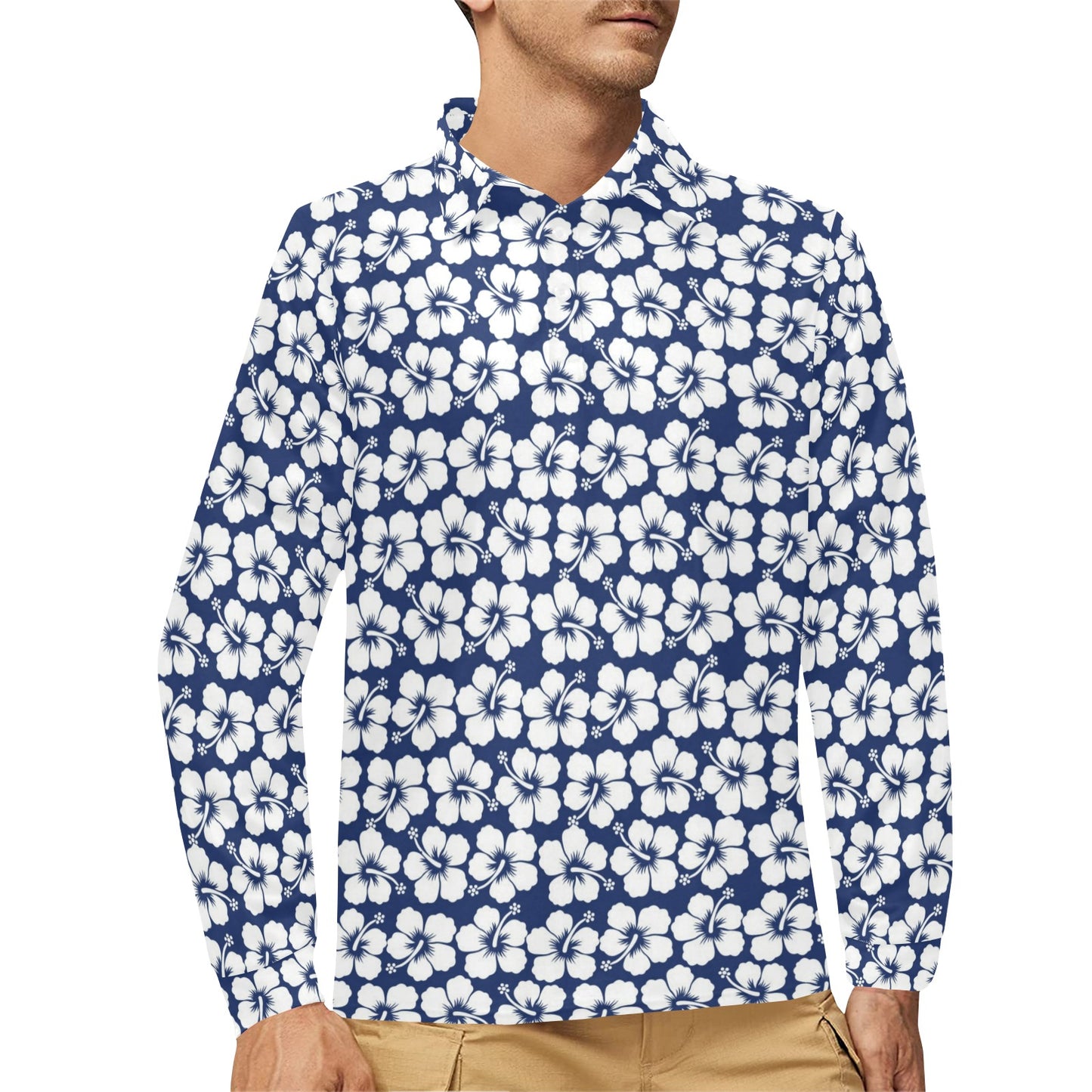 Hibiscus Blue Hawaiian Flower Pattern Long Sleeve Polo Shirt For Men's