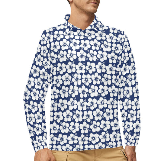Hibiscus Blue Hawaiian Flower Pattern Long Sleeve Polo Shirt For Men's