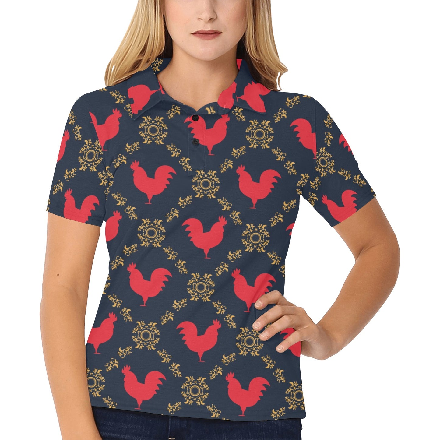 Rooster Pattern Print Design A02 Women's Polo Shirt