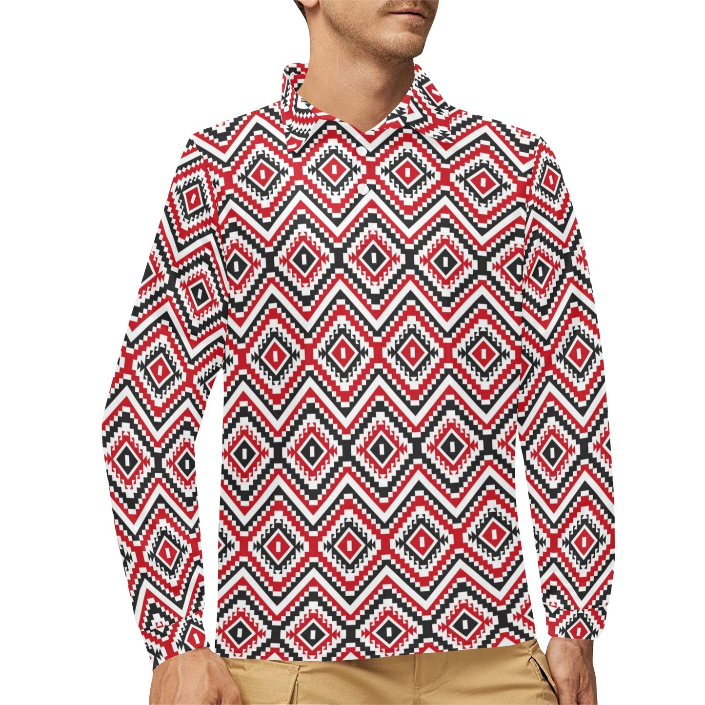 Native American Themed Tribal Print Long Sleeve Polo Shirt For Men's