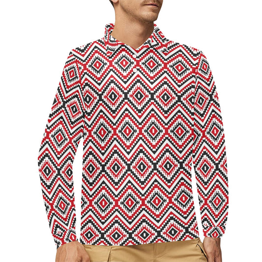Native American Themed Tribal Print Long Sleeve Polo Shirt For Men's