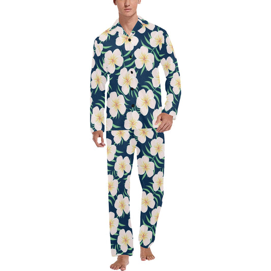 Pink Plumeria Pattern Print Design PM016 Men's Long Pajama Set