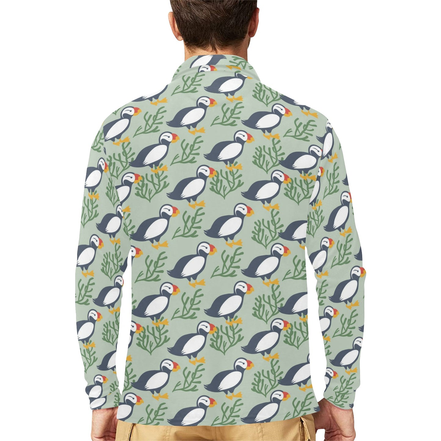 Puffin Pattern Print Design A04 Long Sleeve Polo Shirt For Men's