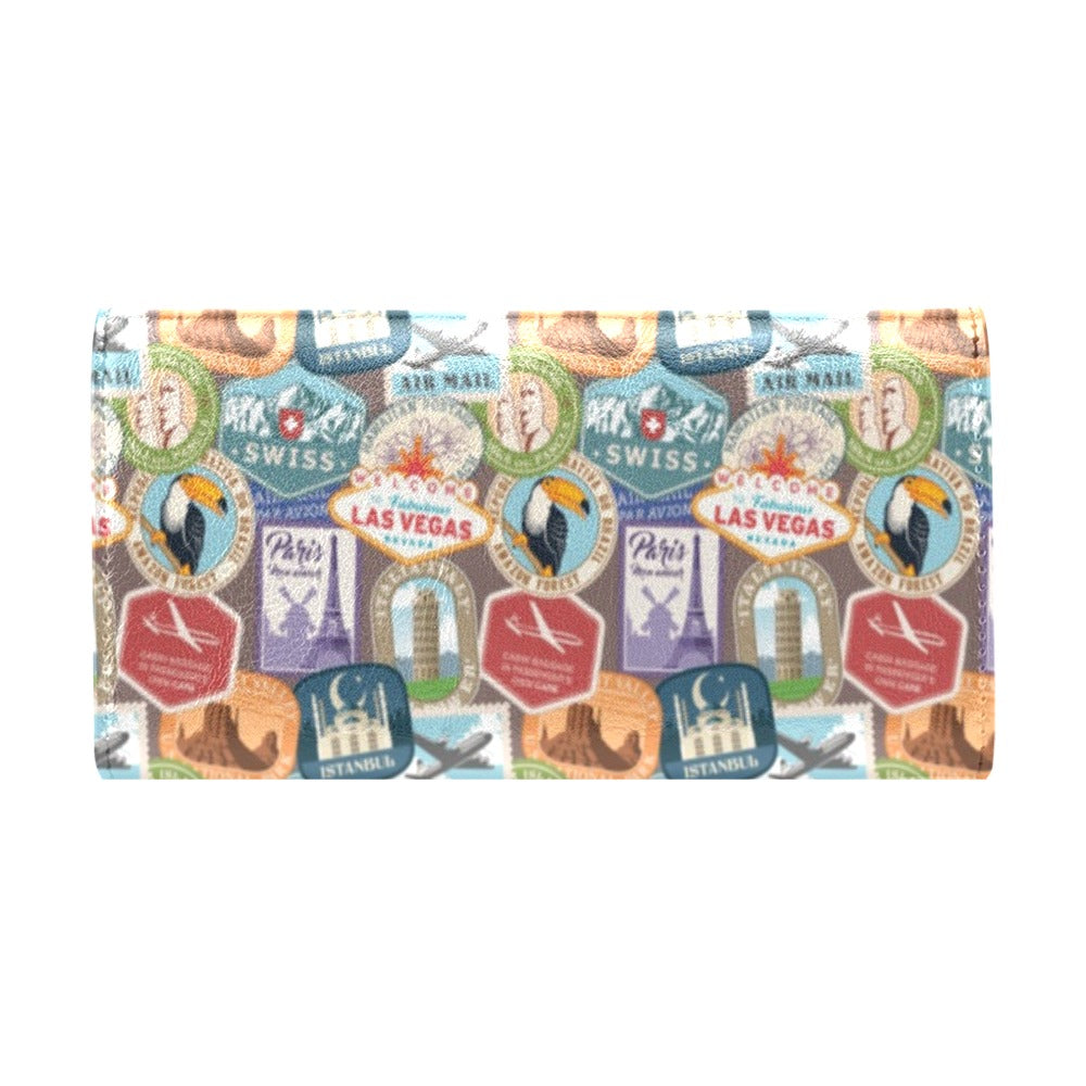 Travel Stamp Print Design LKS301 Women's Trifold Wallet