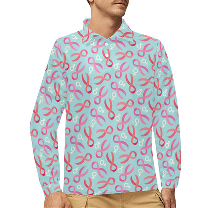 Breast cancer Pattern Print Design 03 Long Sleeve Polo Shirt For Men's