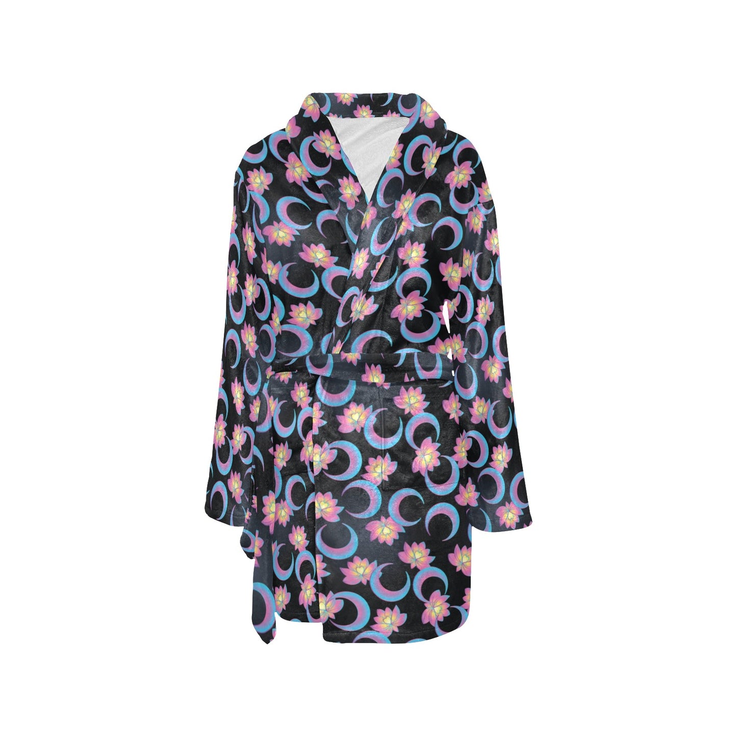 Lotus with Moon Pink Print Themed Women's Fleece Robe