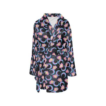 Lotus with Moon Pink Print Themed Women's Fleece Robe
