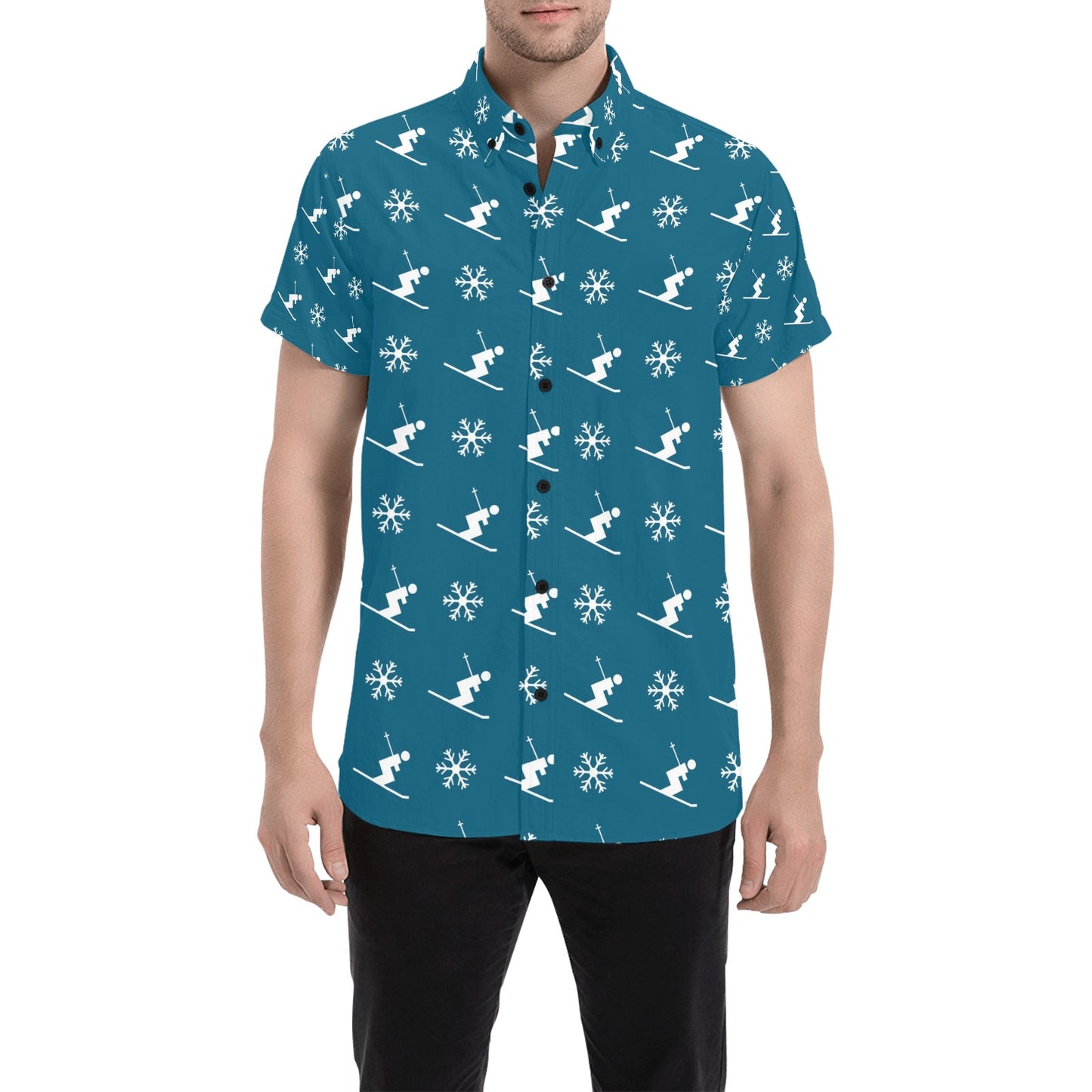 Ski Print Design LKS301 Men Short Sleeve Button Up Shirt