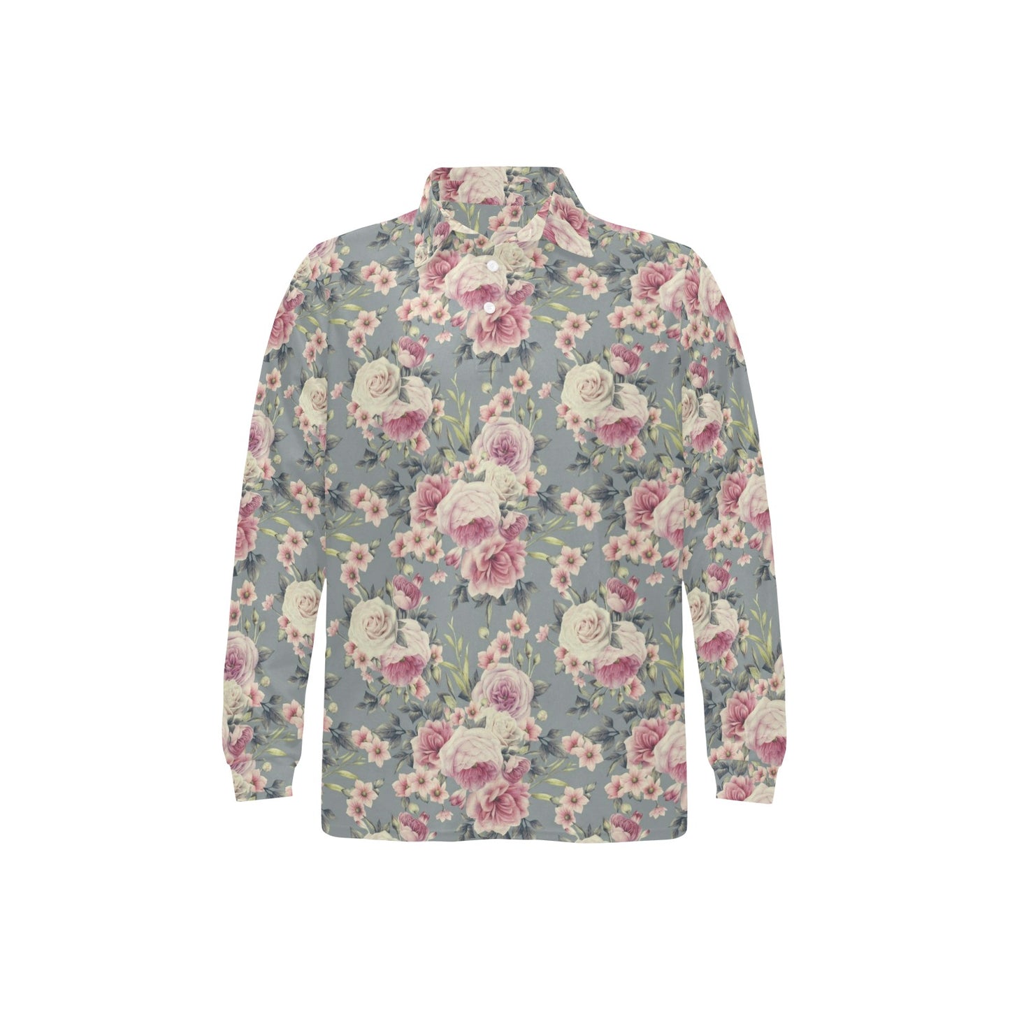 Peony Pattern Print Design PE05 Long Sleeve Polo Shirt For Men's
