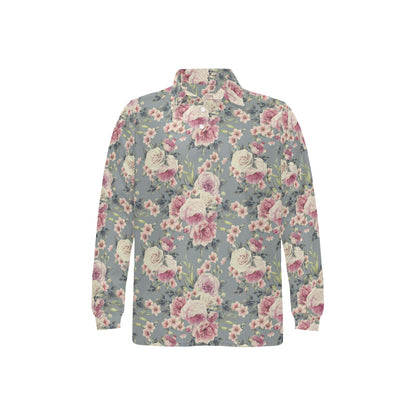 Peony Pattern Print Design PE05 Long Sleeve Polo Shirt For Men's