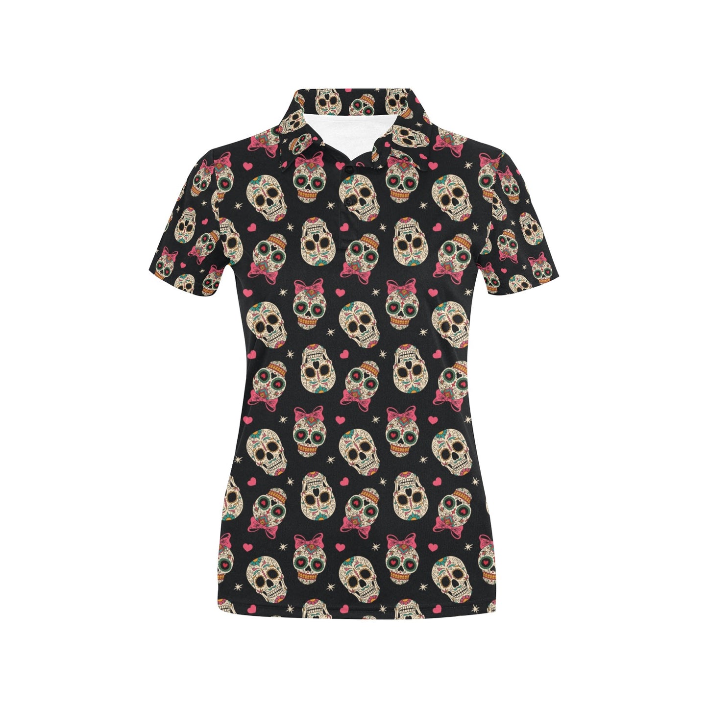 Sugar Skull Pink Bow Themed Print Women's Polo Shirt