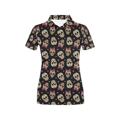 Sugar Skull Pink Bow Themed Print Women's Polo Shirt
