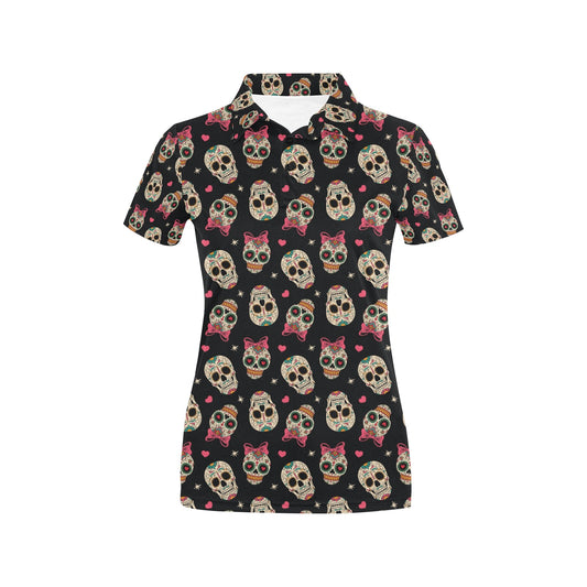 Sugar Skull Pink Bow Themed Print Women's Polo Shirt
