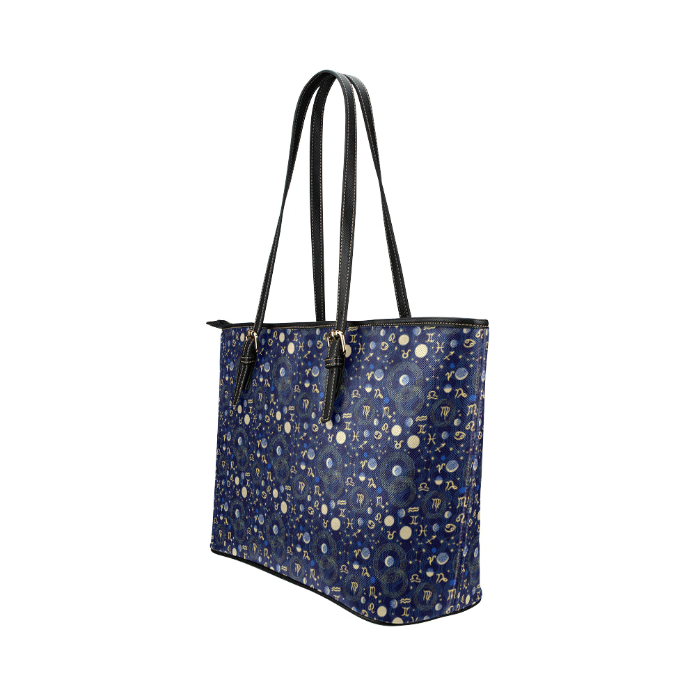 ZodiacThemed Design Print Leather Tote Bag