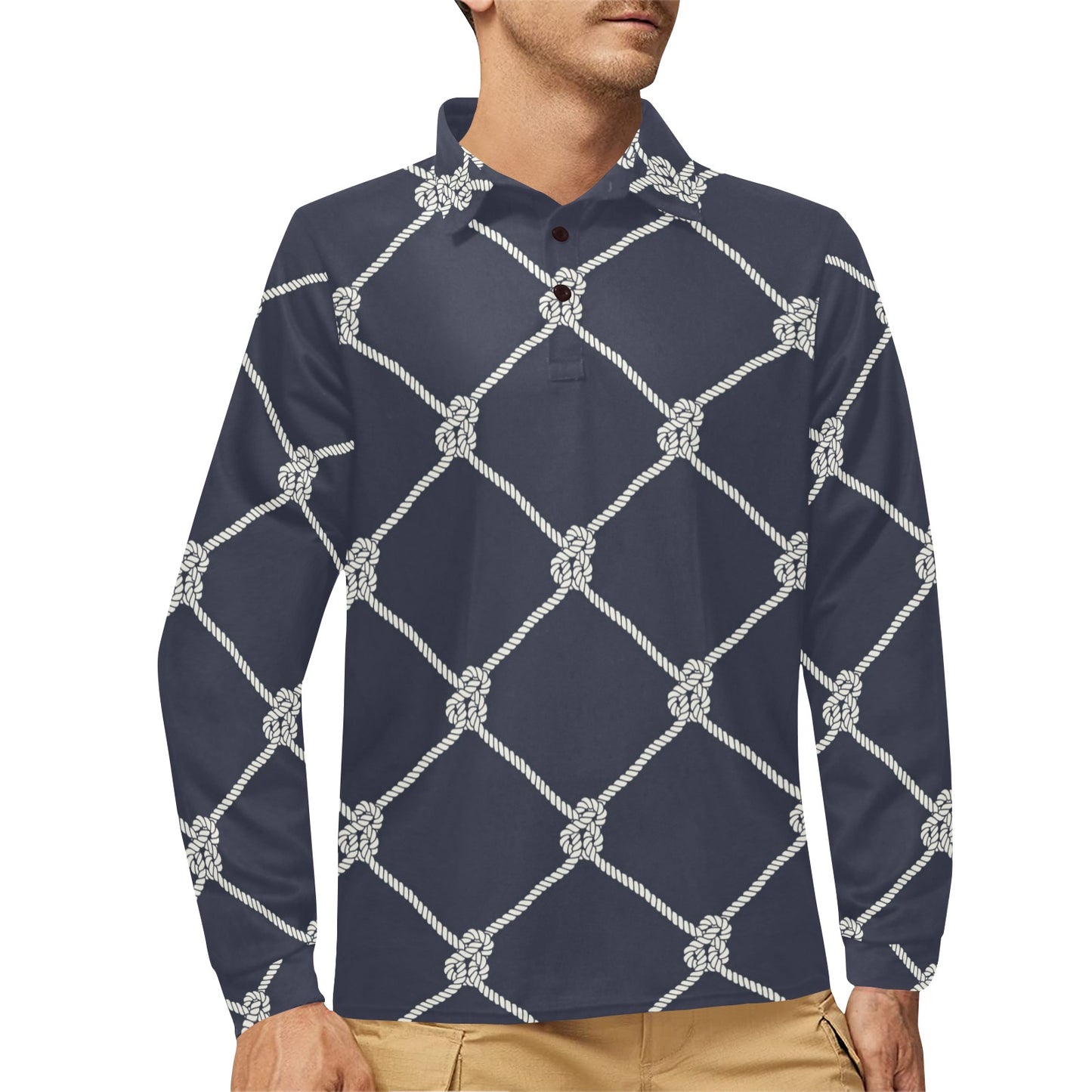 Rope Pattern Print Design A02 Long Sleeve Polo Shirt For Men's