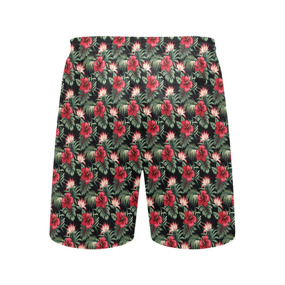 Flower Hawaiian Red Hibiscus Design Print Men's Swim Trunks Beach Shorts
