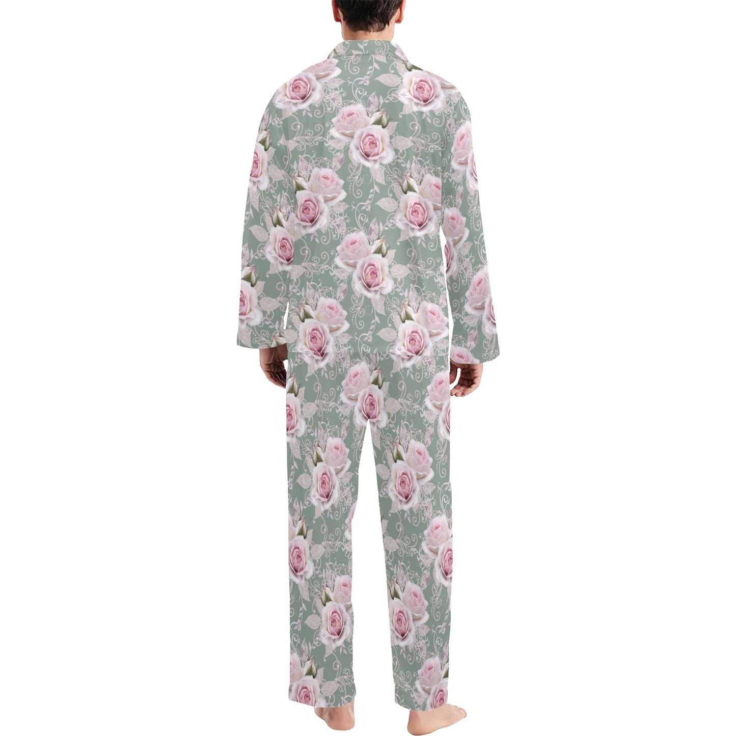 Rose White Pattern Print Design RO012 Men's Long Pajama Set