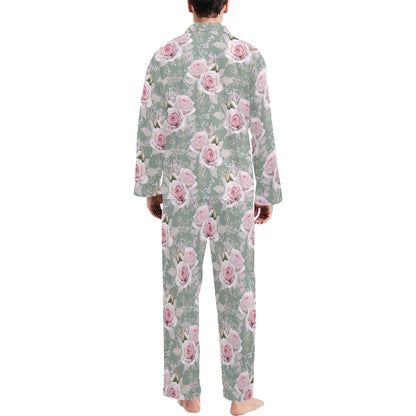 Rose White Pattern Print Design RO012 Men's Long Pajama Set