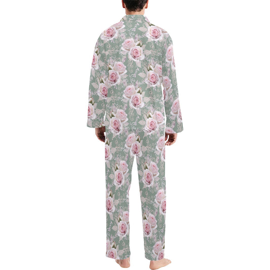 Rose White Pattern Print Design RO012 Men's Long Pajama Set
