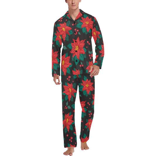 Poinsettia Pattern Print Design POT07 Men's Long Pajama Set