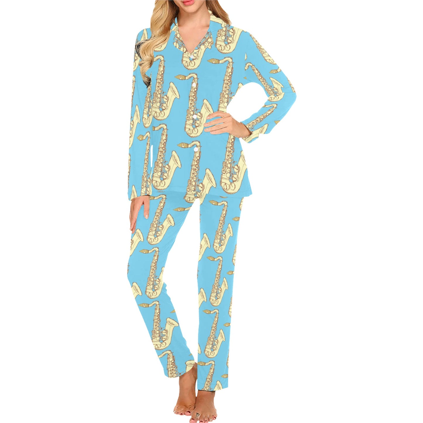 Saxophone Pattern Print Design 03 Women's Long Pajama Set