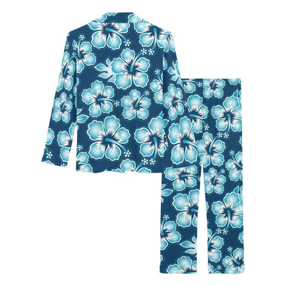 Blue Hibiscus Pattern Print Design HB011 Women's Long Pajama Set