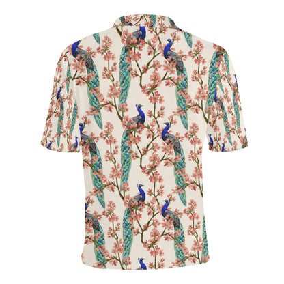 Cherry Blossom Peacock Men Polo Shirt