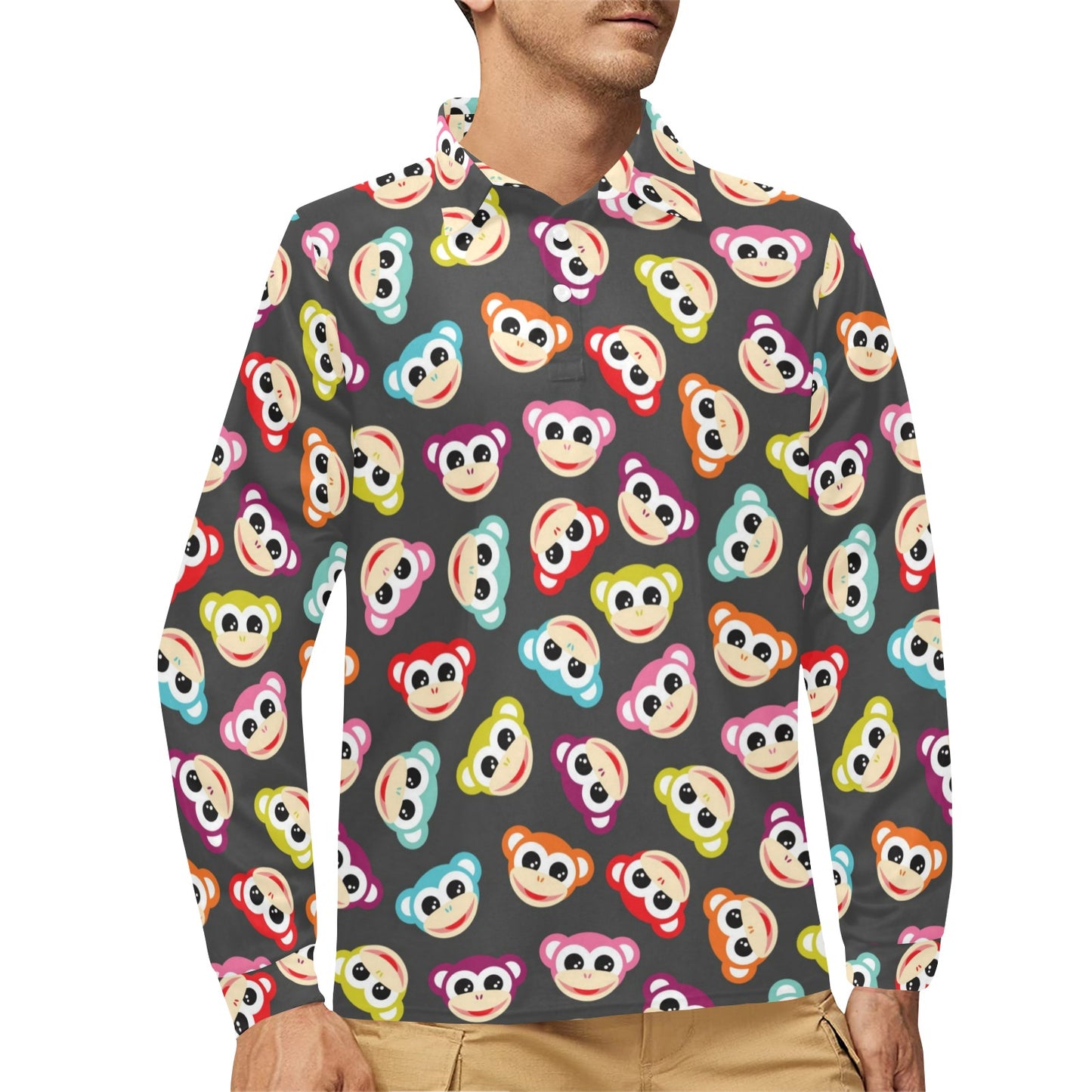 Monkey Head Design Themed Print Long Sleeve Polo Shirt For Men's