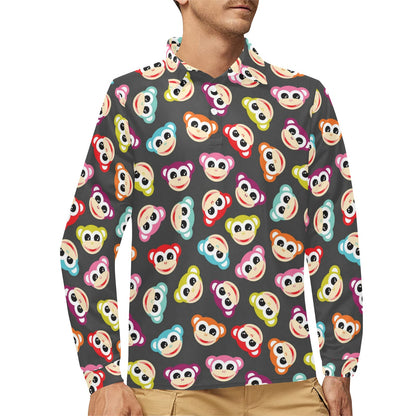 Monkey Head Design Themed Print Long Sleeve Polo Shirt For Men's