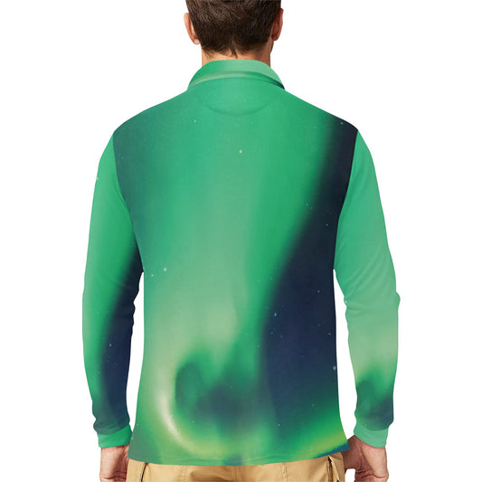 Aurora Borealis Pattern Print Design 04 Long Sleeve Polo Shirt For Men's