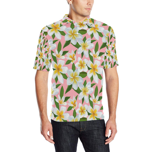 White Plumeria Pattern Print Design PM011 Men Polo Shirt