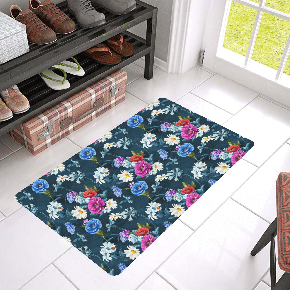 Floral Blue Themed Print Rubber Doormat
