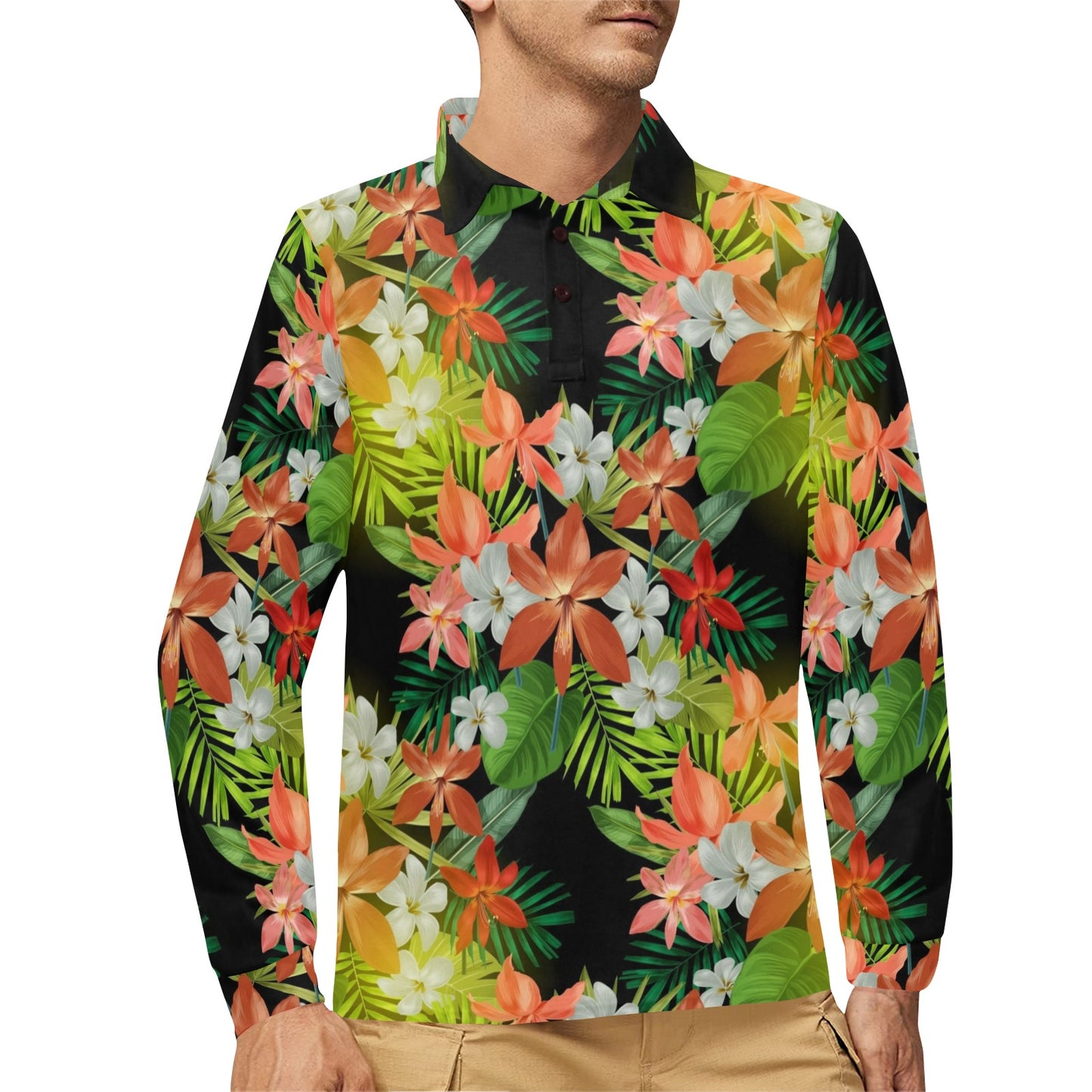 Amaryllis Pattern Print Design AL07 Long Sleeve Polo Shirt For Men's