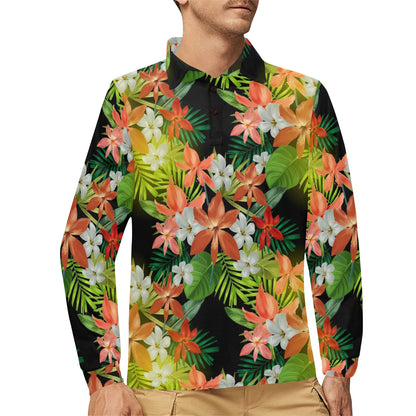 Amaryllis Pattern Print Design AL07 Long Sleeve Polo Shirt For Men's