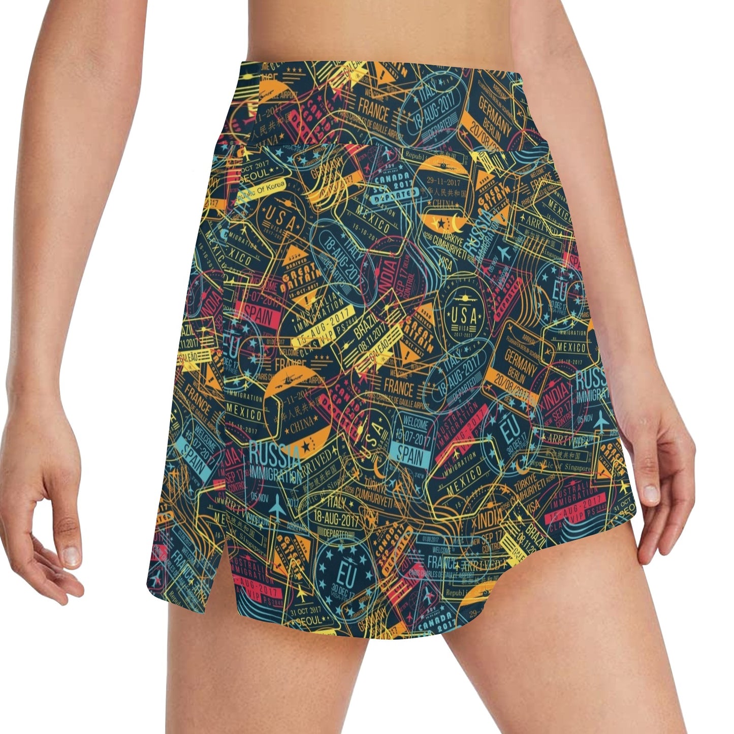 Travel Stamp Colorful Print Design LKS304 17" Golf & Pickleball Skort with Pockets