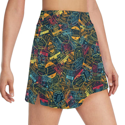 Travel Stamp Colorful Print Design LKS304 17" Golf & Pickleball Skort with Pockets