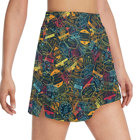 Travel Stamp Colorful Print Design LKS304 17" Golf & Pickleball Skort with Pockets