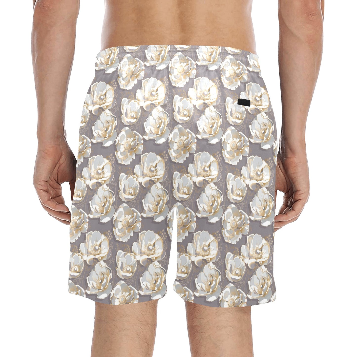 Elegant Grey Flower Print Men's Swim Trunks Beach Shorts