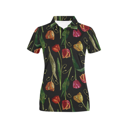 Tulip Embroidered Pattern Print Design TP01 Women's Polo Shirt