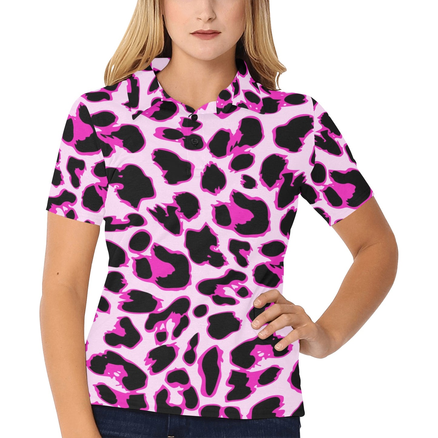 Pink Leopard Print Women's Polo Shirt