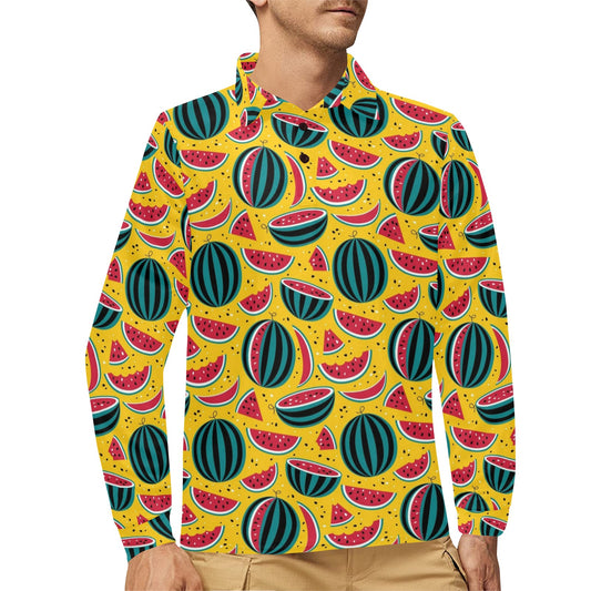 Watermelon Pattern Print Design WM02 Long Sleeve Polo Shirt For Men's