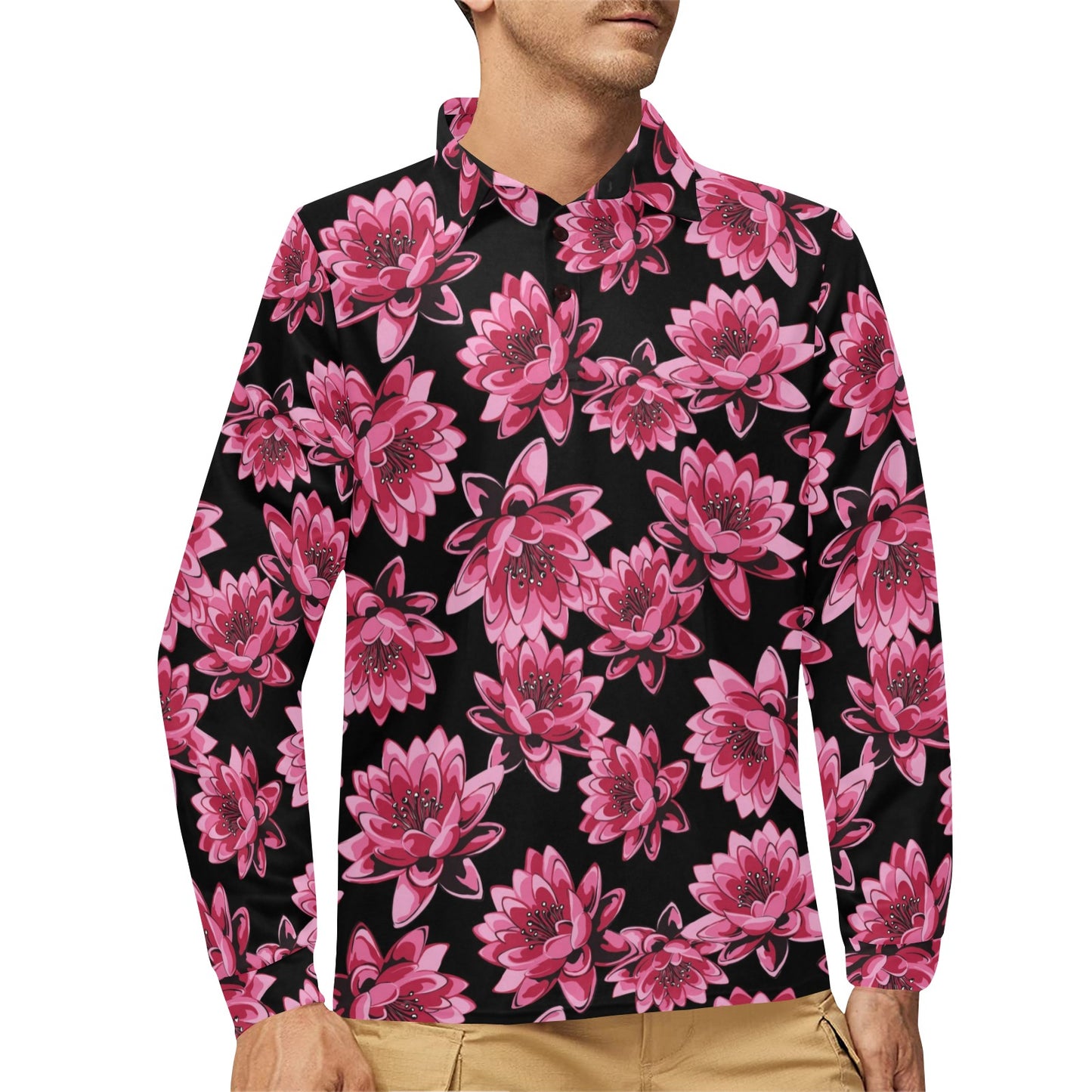 Lotus Pattern Print Design 03 Long Sleeve Polo Shirt For Men's