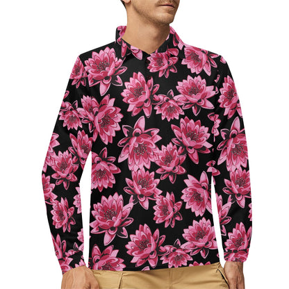 Lotus Pattern Print Design 03 Long Sleeve Polo Shirt For Men's